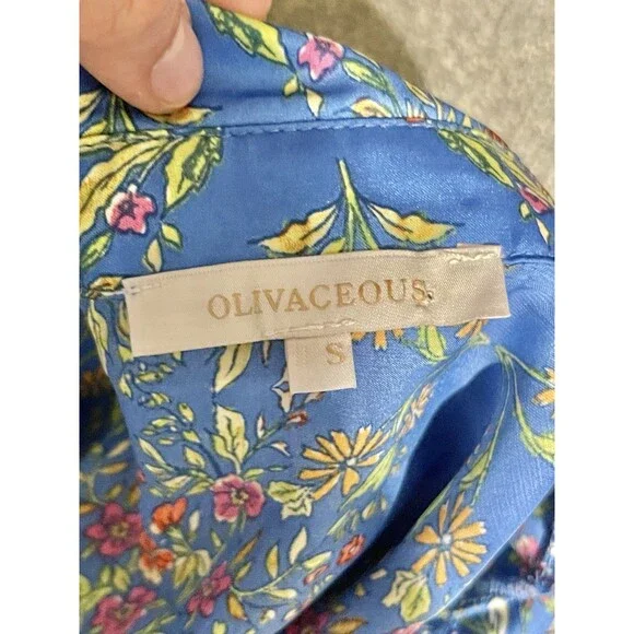 Olivaceous Womens Blouse Sz Small Satin Floral Button down Blue Spring Summer - Picture 9 of 16